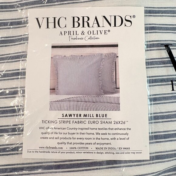 New Vintage Style Blue Ticking Striped Ruffle Euro Shams Pillow Covers 26” - 3 - Picture 6 of 9